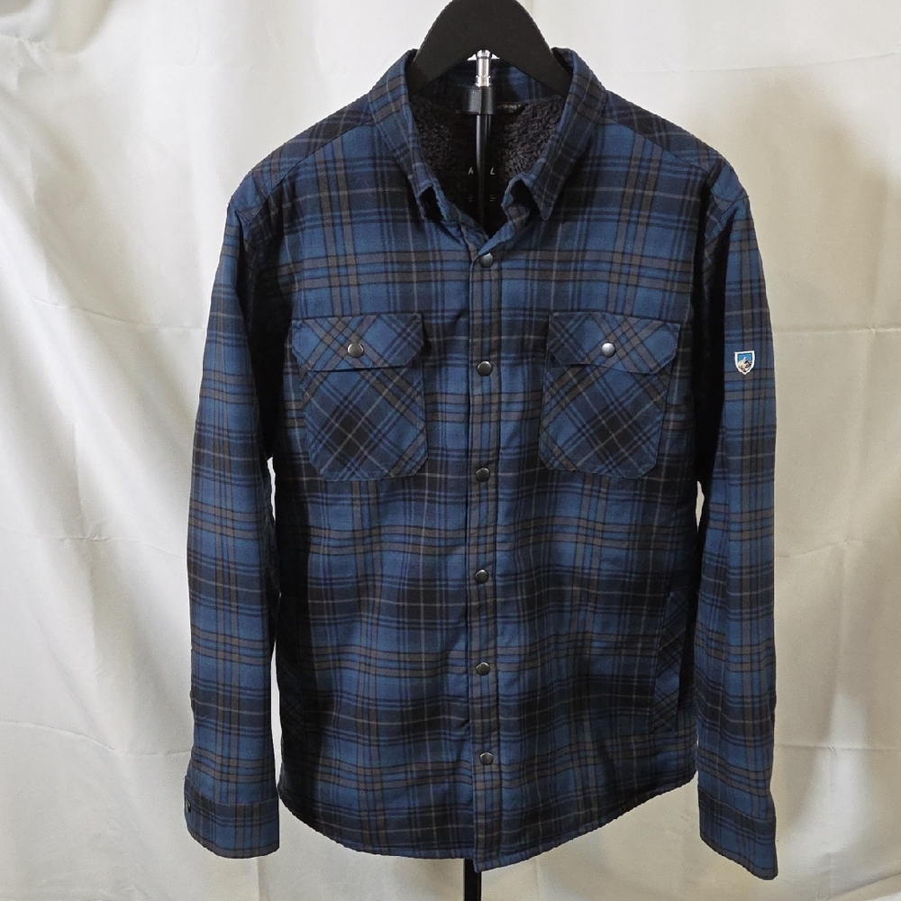 Kuhl Men's Navy and Black Plaid Button Down Joyrydr Shirt Jacket Medium